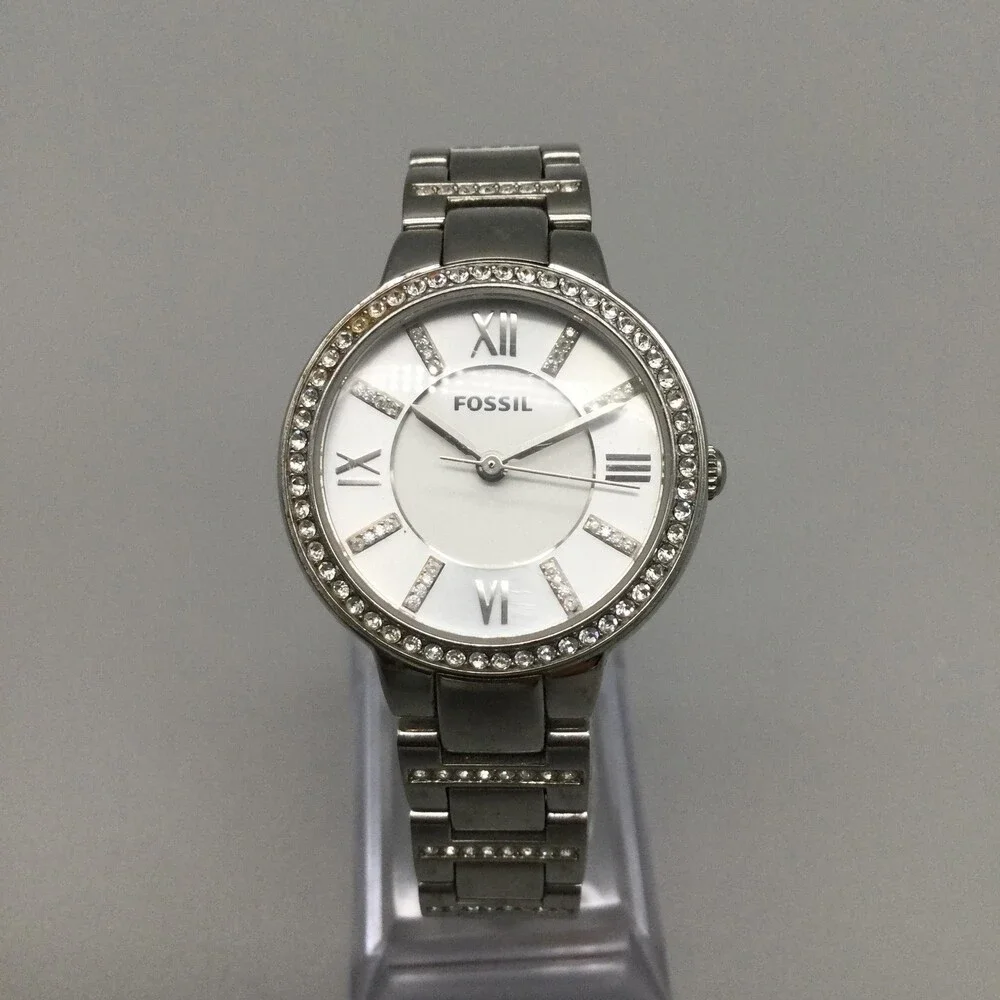 Fossil Virginia ES3282 Womens Watch 30mm Silver Tone Crystals New Battery 7.25
